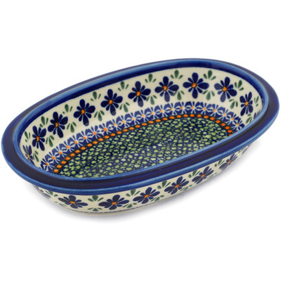 Polish Pottery Oval Bowl 10&quot; Gingham Flowers