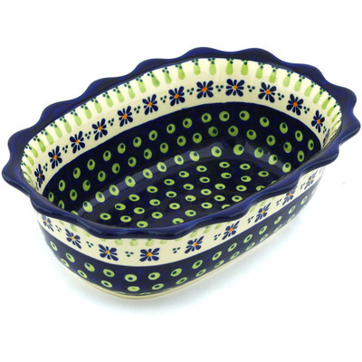 Polish Pottery Oval Bowl 10&quot; Green Gingham Peacock