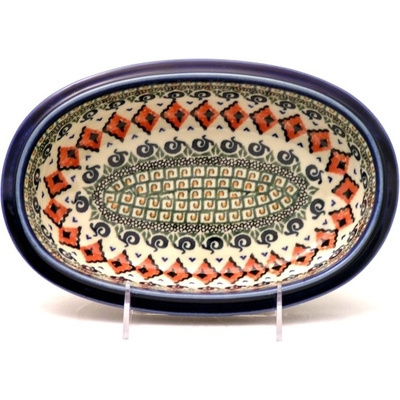 Polish Pottery Oval Bowl 10&quot; Green Mosaic UNIKAT