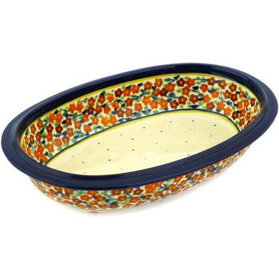 Polish Pottery Oval Bowl 10&quot; Russett Floral