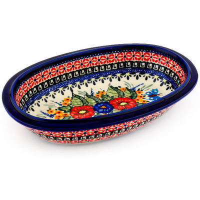 Polish Pottery Oval Bowl 10&quot; Spring Splendor UNIKAT