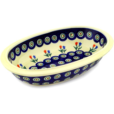Polish Pottery Oval Bowl 10&quot; Tulip Pair Peacock