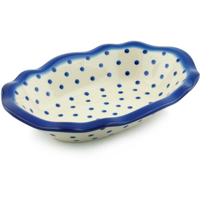 Polish Pottery Oval Bowl 11&quot; Blue Polka Dot