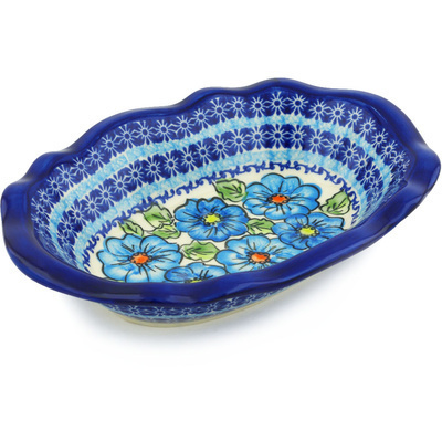 Polish Pottery Oval Bowl 11&quot; Bold Blue Poppies UNIKAT