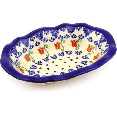 Polish Pottery Oval Bowl 11&quot; Butterfly Tulips