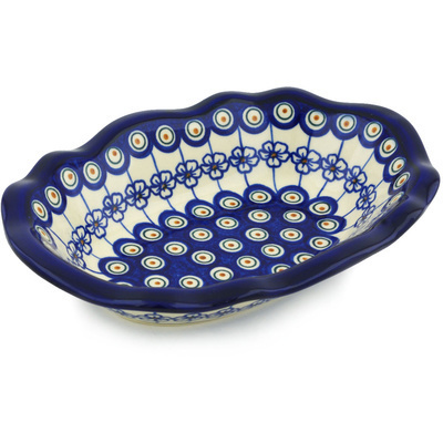 Polish Pottery Oval Bowl 11&quot; Flowering Peacock