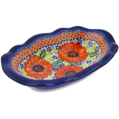 Polish Pottery Oval Bowl 11&quot; Orange Zinnia UNIKAT