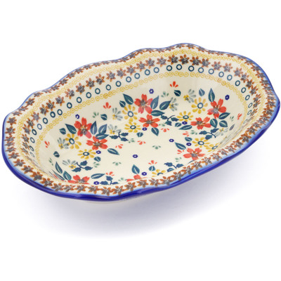 Polish Pottery Oval Bowl 11&quot; Red Anemone Meadow UNIKAT