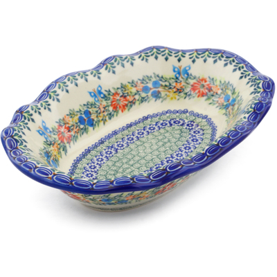 Polish Pottery Oval Bowl 11&quot; Ring Of Flowers UNIKAT