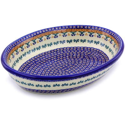 Polish Pottery Oval Bowl 12&quot; Blue Cress