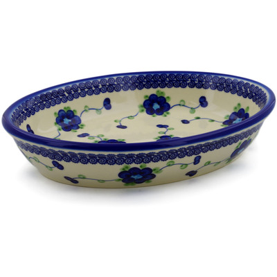 Polish Pottery Oval Bowl 12&quot; Blue Poppies