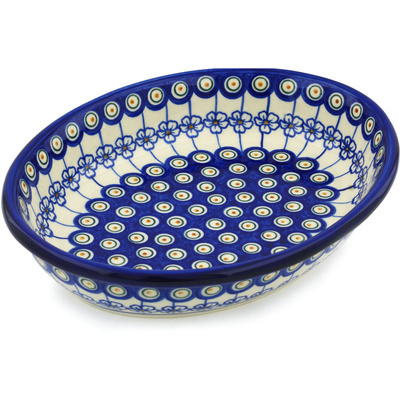 Polish Pottery Oval Bowl 12&quot; Flowering Peacock