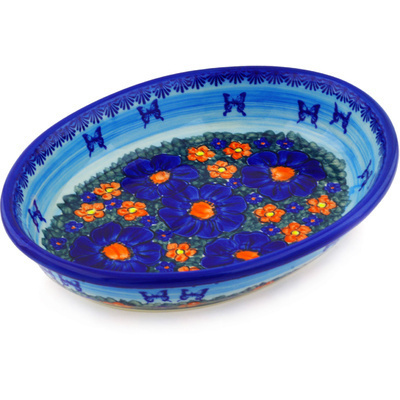 Polish Pottery Oval Bowl 12&quot; Midnight Garden UNIKAT