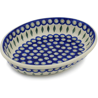 Polish Pottery Oval Bowl 12&quot; Peacock