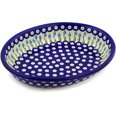 Polish Pottery Oval Bowl 12&quot; Peacock Tulip Garden