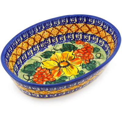 Polish Pottery Oval Bowl 8&quot; Colorful Bouquet UNIKAT