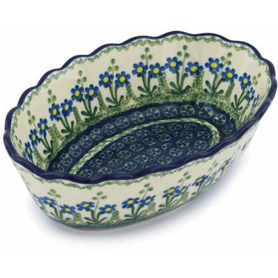 Polish Pottery Oval Bowl 9&quot; Blue Daisy Circle