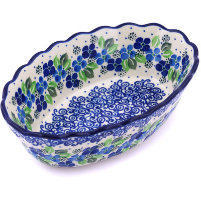 Polish Pottery Oval Bowl 9&quot; Blue Phlox
