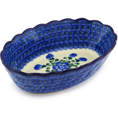 Polish Pottery Oval Bowl 9&quot; Blue Poppies