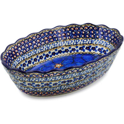 Polish Pottery Oval Bowl 9&quot; Cobalt Poppies UNIKAT