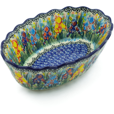 Polish Pottery Oval Bowl 9&quot; Spring Iris UNIKAT
