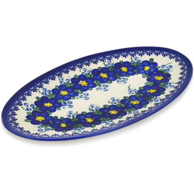 Polish Pottery Oval Plate 14&quot; Blue Wildflower UNIKAT