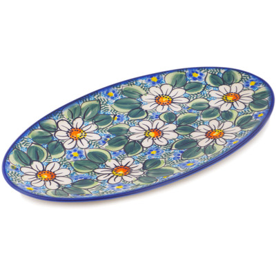Polish Pottery Oval Plate 14&quot; Daisy Blues UNIKAT