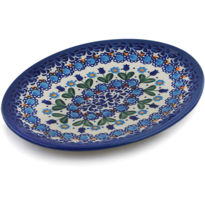 Polish Pottery Oval Plate 7&quot; Blue Tulip Garden UNIKAT