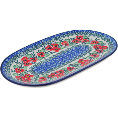 Polish Pottery Oval Platter 10&quot; Red Pansy