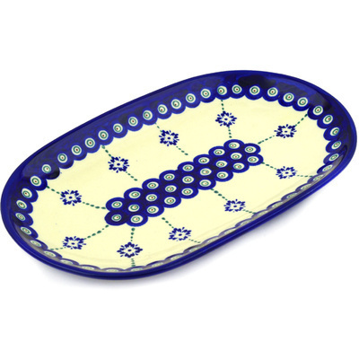 Polish Pottery Oval Platter 11&quot; Blue Boutonniere