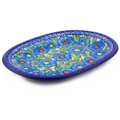 Polish Pottery Oval Platter 11&quot; Bold Blue Poppies UNIKAT