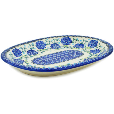 Polish Pottery Oval Platter 11&quot; Cobalt Hydrangea UNIKAT