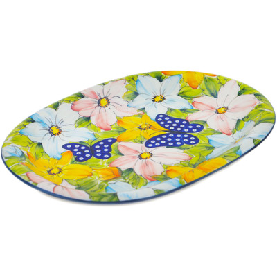 Polish Pottery Oval Platter 11&quot; Floral Peacock Butterfly UNIKAT
