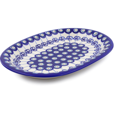 Polish Pottery Oval Platter 11&quot; Flowering Peacock
