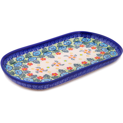 Polish Pottery Oval Platter 11&quot; Monstera Blooms UNIKAT