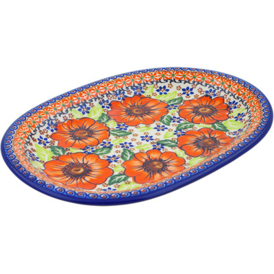 Polish Pottery Oval Platter 11&quot; Orange Zinnia UNIKAT