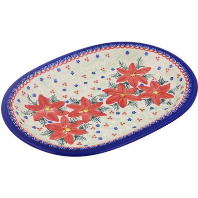 Polish Pottery Oval Platter 11&quot; Poinsettia UNIKAT