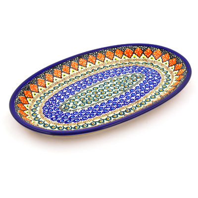 Polish Pottery Oval Platter 12&quot; Coral Diamonds UNIKAT