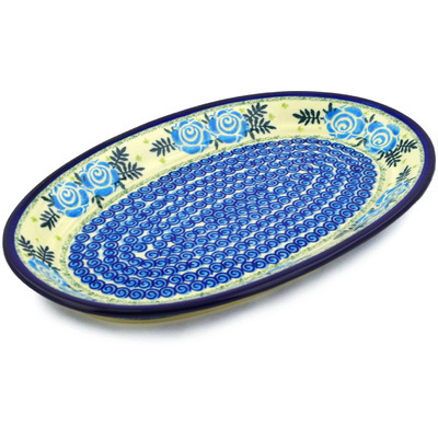 Polish Pottery Oval Platter 12&quot; Lady Blue Roses UNIKAT