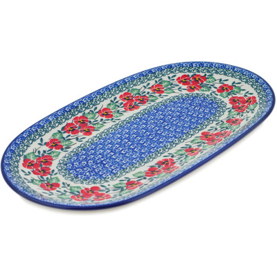 Polish Pottery Oval Platter 12&quot; Red Pansy