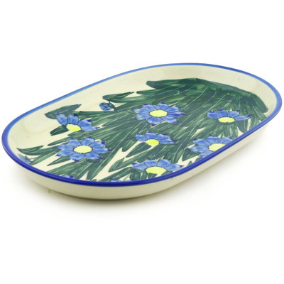 Polish Pottery Oval Platter 14&quot; Blue Coneflower UNIKAT