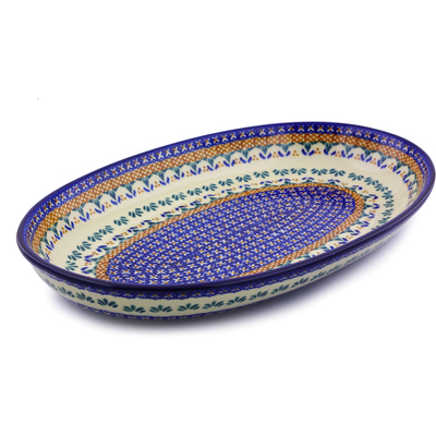 Polish Pottery Oval Platter 14&quot; Blue Cress