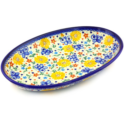 Polish Pottery Oval Platter 14&quot; Butterfly Sunshine UNIKAT