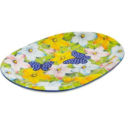 Polish Pottery Oval Platter 14&quot; Floral Peacock Butterfly