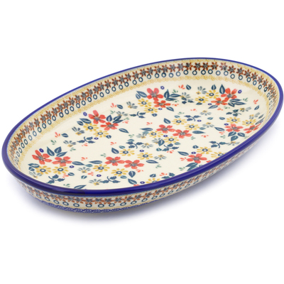 Polish Pottery Oval Platter 14&quot; Red Anemone Meadow UNIKAT