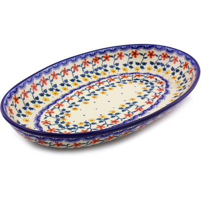 Polish Pottery Oval Platter 14&quot; Red Sunflower