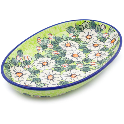 Polish Pottery Oval Platter 14&quot; White Flower Bouquet UNIKAT