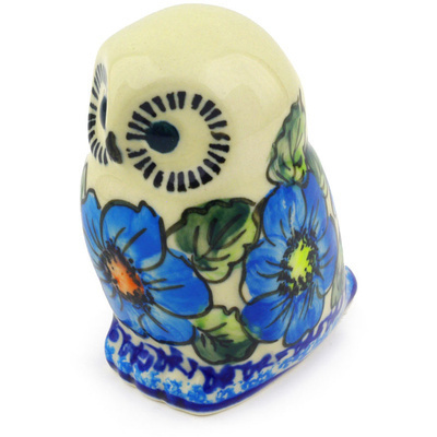 Polish Pottery Owl Figurine 4&quot; Bold Blue Poppies UNIKAT