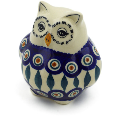 Polish Pottery Owl Figurine 4&quot; Peacock Leaves