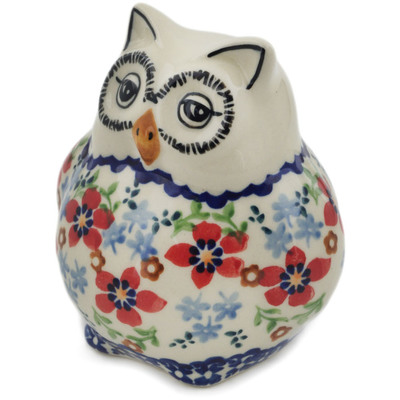 Polish Pottery Owl Figurine 4&quot; Red Flower Meadow